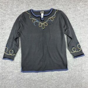 Koos Of Course! Sweater Womens Medium Black Embroidered 3/4 Sleeve Knit Pullover